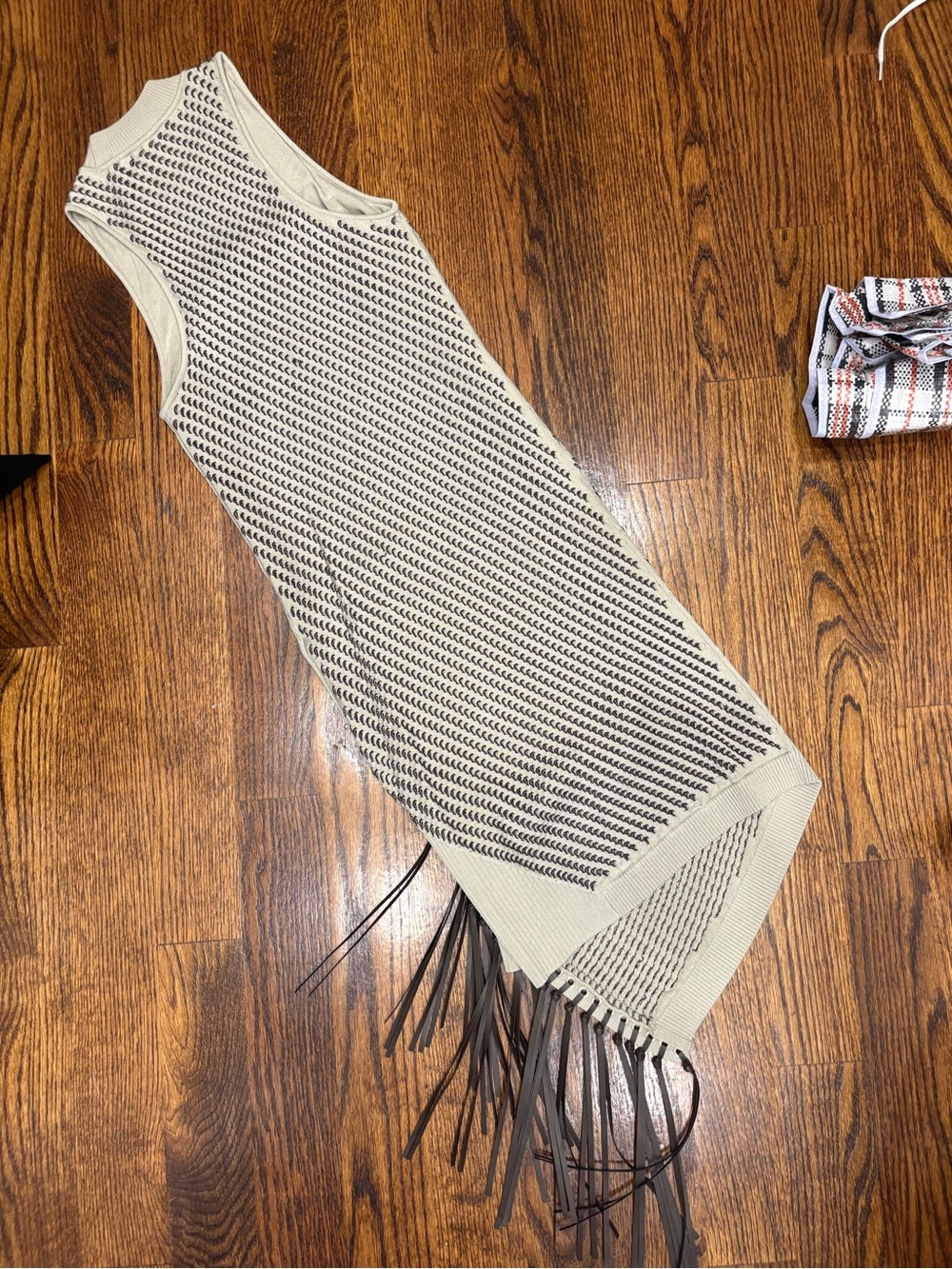 Jonathan Simkhai Cream Knit Midi Dress with Black Pattern & Fringe